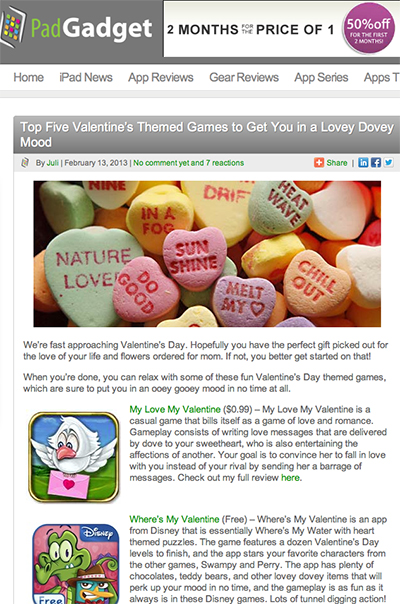 Padgadget lists MLMV as one of the top 5 Valentine's day Apps for 2013